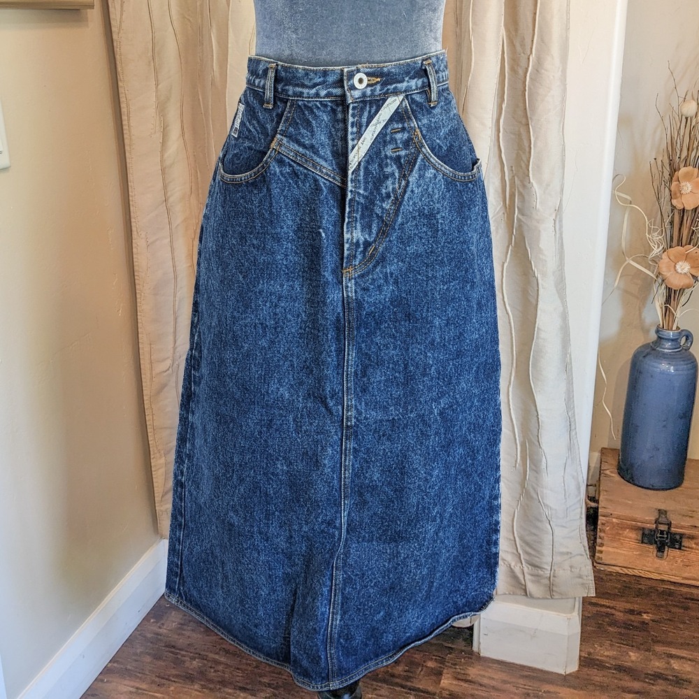 Vintage 90s Jordache Jean Skirt 16 (32W) Blue Acid Wash High Waist Denim Pencil